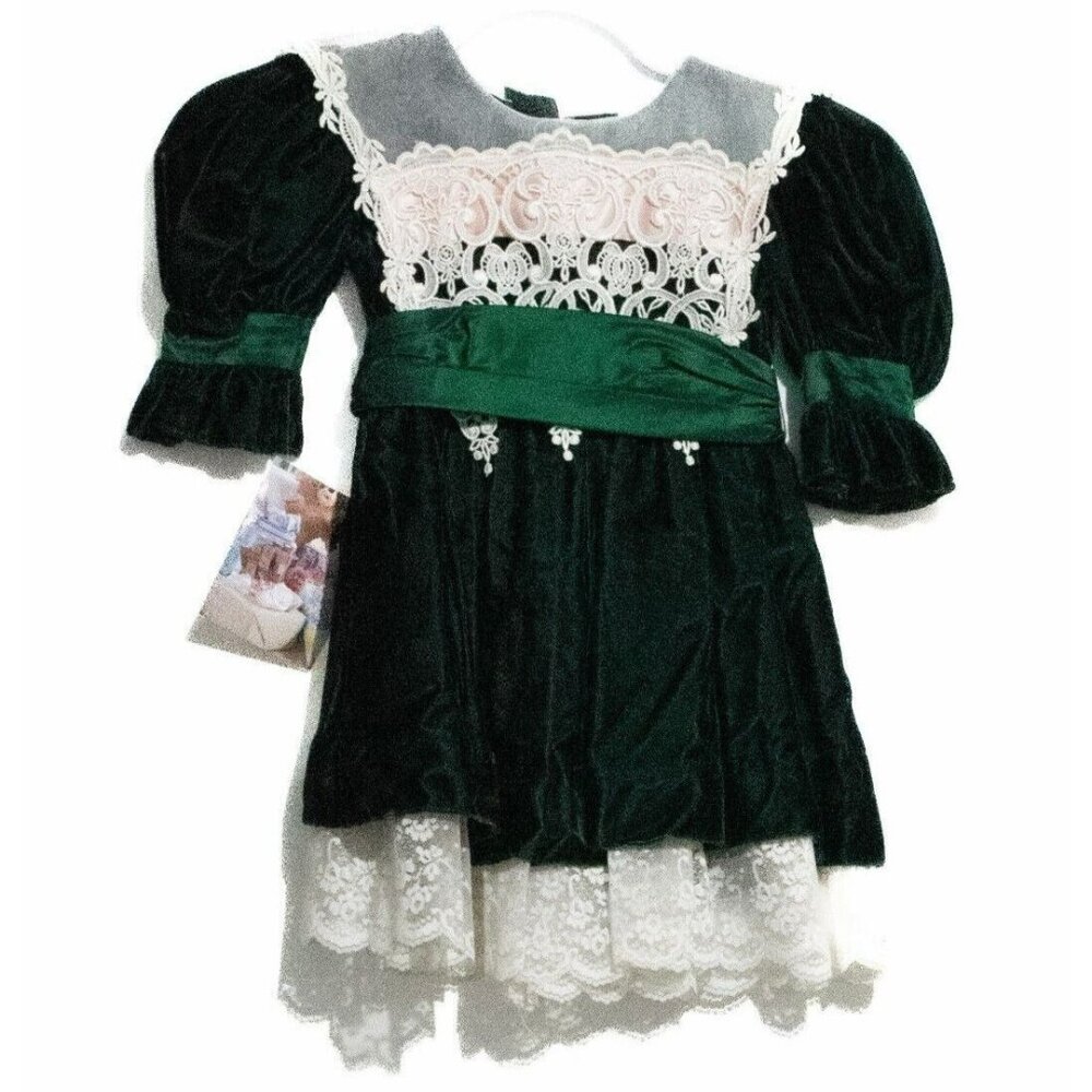 Jinelle Girls Green Rayon White Lace Victorian Style Dress Puff Sleeve 2T NWT